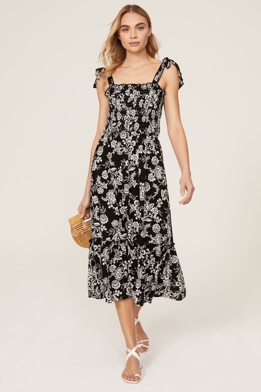 Slate & Willow Black White Floral Tie Shoulder Midi Dress Size L